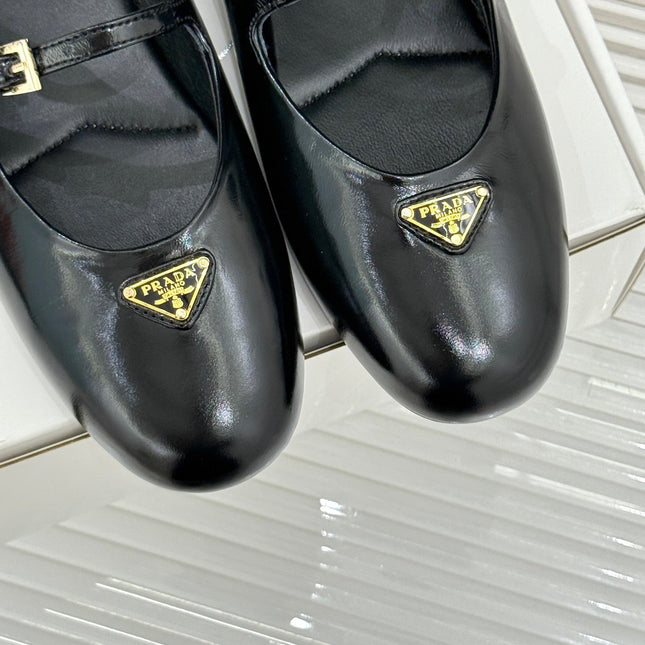 PRADA 25S DUAL MARY JANE BALLERINA MULES IN BLACK CALFSKIN