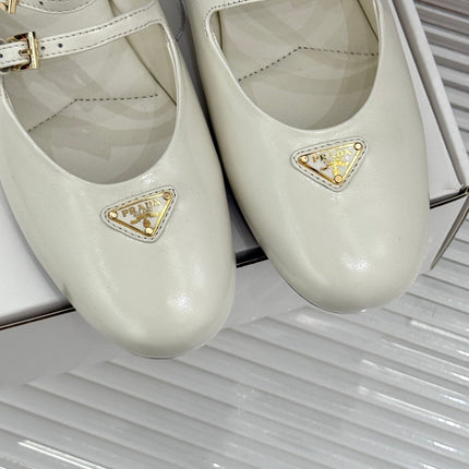 PRADA 25S DUAL MARY JANE BALLERINA MULES IN IVORY CALFSKIN