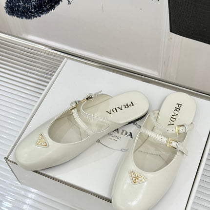 PRADA 25S DUAL MARY JANE BALLERINA MULES IN IVORY CALFSKIN