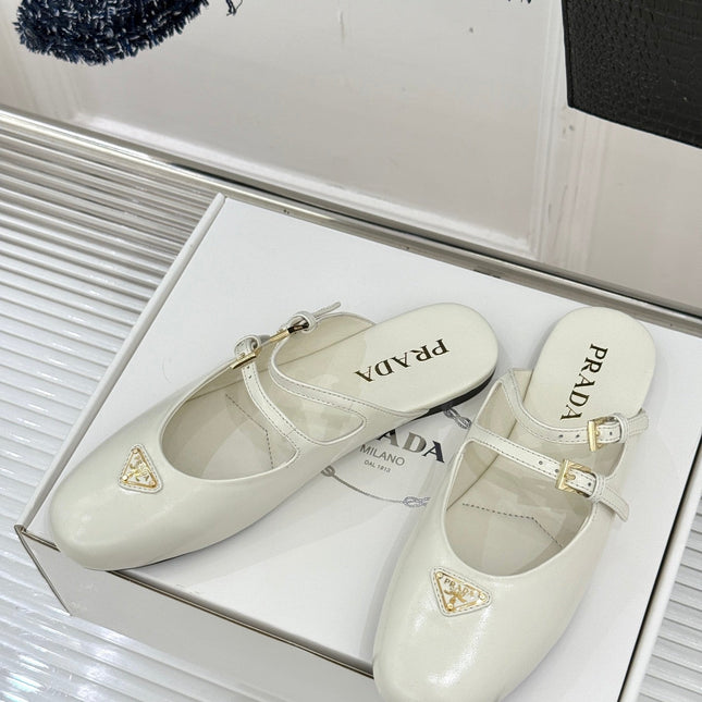 PRADA 25S DUAL MARY JANE BALLERINA MULES IN IVORY CALFSKIN
