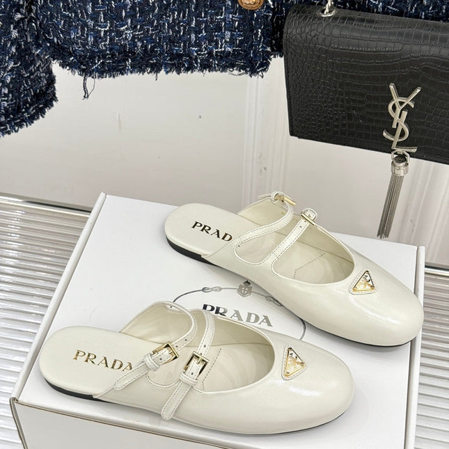 PRADA 25S DUAL MARY JANE BALLERINA MULES IN IVORY CALFSKIN