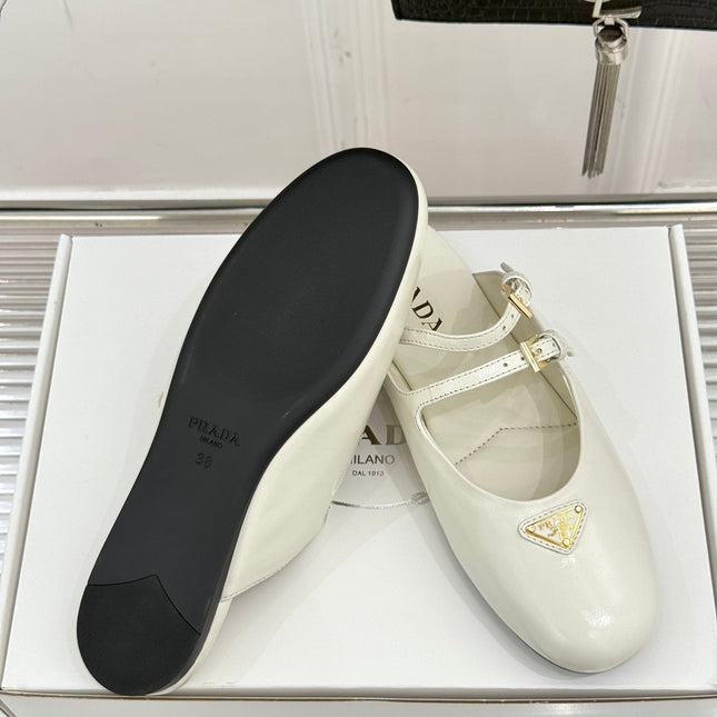 PRADA 25S DUAL MARY JANE BALLERINA MULES IN IVORY CALFSKIN
