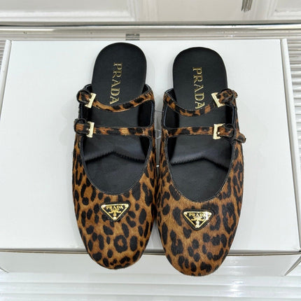PRADA 25S DUAL MARY JANE BALLERINA MULES IN LEOPARD PRINT PONY HAIR