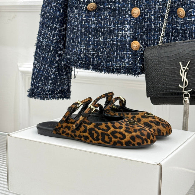 PRADA 25S DUAL MARY JANE BALLERINA MULES IN LEOPARD PRINT PONY HAIR