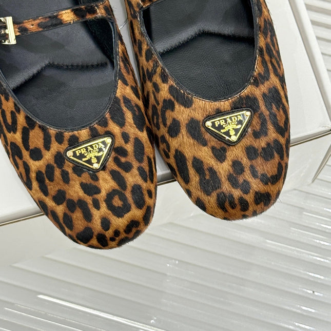 PRADA 25S DUAL MARY JANE BALLERINA MULES IN LEOPARD PRINT PONY HAIR