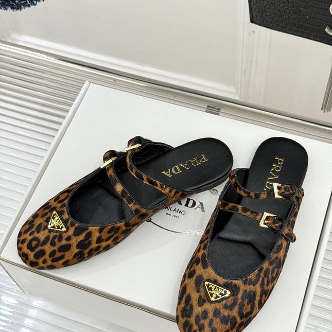PRADA 25S DUAL MARY JANE BALLERINA MULES IN LEOPARD PRINT PONY HAIR