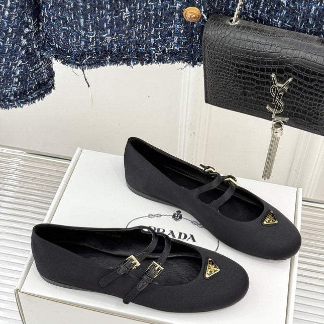 PRADA 25S DOUBLE STRAP BALLERINAS IN BLACK SATIN