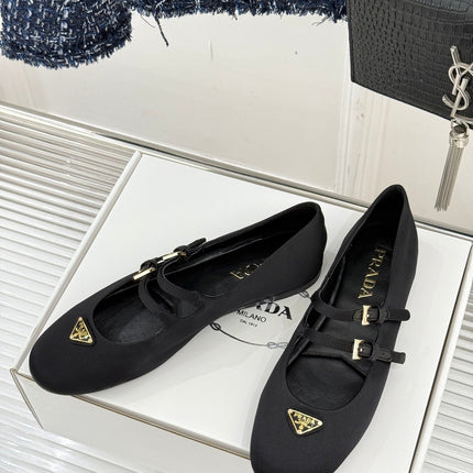 PRADA 25S DOUBLE STRAP BALLERINAS IN BLACK SATIN