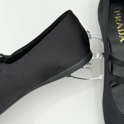 PRADA 25S DOUBLE STRAP BALLERINAS IN BLACK SATIN
