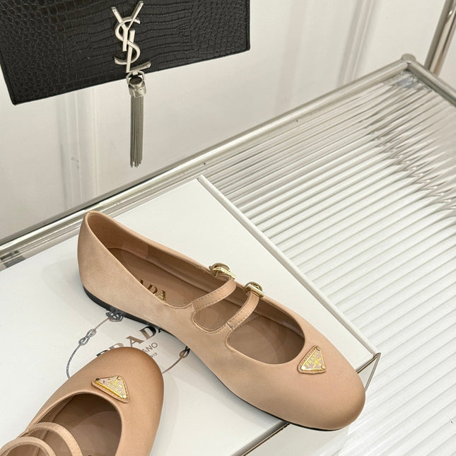 PRADA 25S DOUBLE STRAP BALLERINAS IN NUDE SATIN