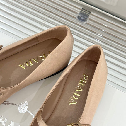 PRADA 25S DOUBLE STRAP BALLERINAS IN NUDE SATIN