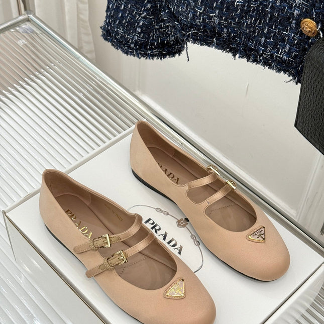 PRADA 25S DOUBLE STRAP BALLERINAS IN NUDE SATIN