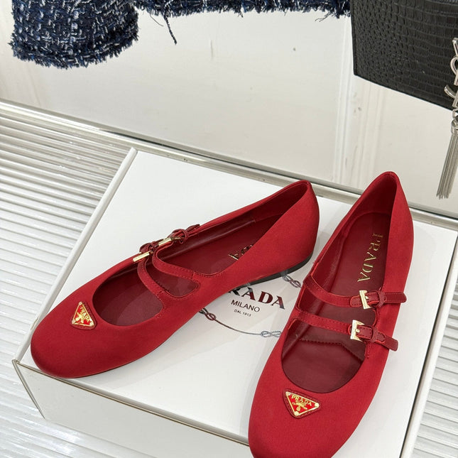 PRADA 25S DOUBLE STRAP BALLERINAS IN RED WINE SATIN