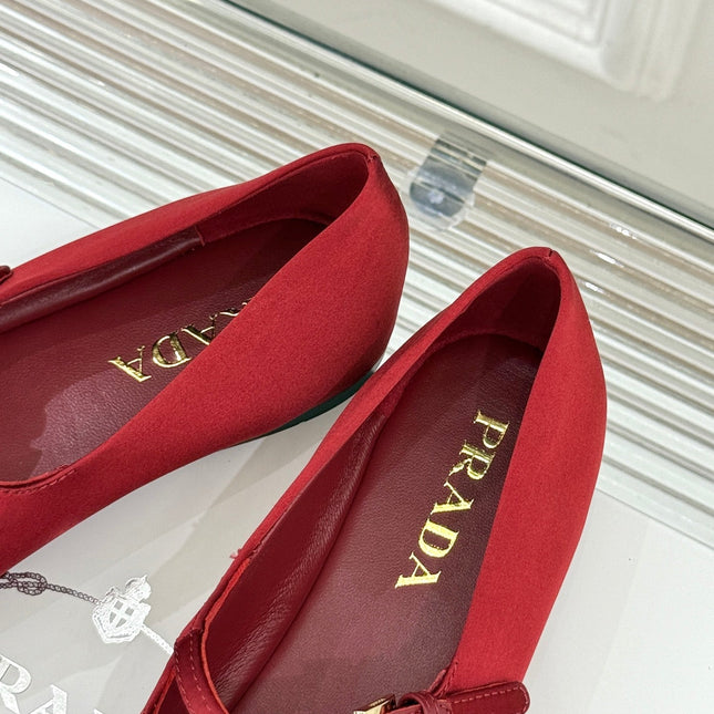PRADA 25S DOUBLE STRAP BALLERINAS IN RED WINE SATIN