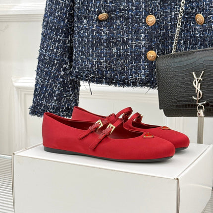 PRADA 25S DOUBLE STRAP BALLERINAS IN RED WINE SATIN