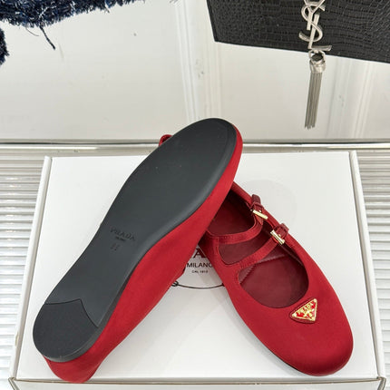 PRADA 25S DOUBLE STRAP BALLERINAS IN RED WINE SATIN
