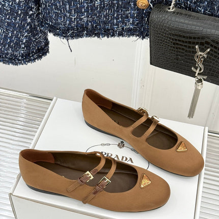 PRADA 25S DOUBLE STRAP BALLERINAS IN DARK BROWN SATIN