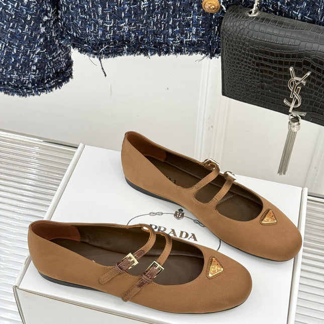 PRADA 25S DOUBLE STRAP BALLERINAS IN DARK BROWN SATIN