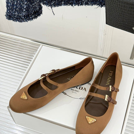 PRADA 25S DOUBLE STRAP BALLERINAS IN DARK BROWN SATIN
