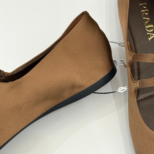 PRADA 25S DOUBLE STRAP BALLERINAS IN DARK BROWN SATIN