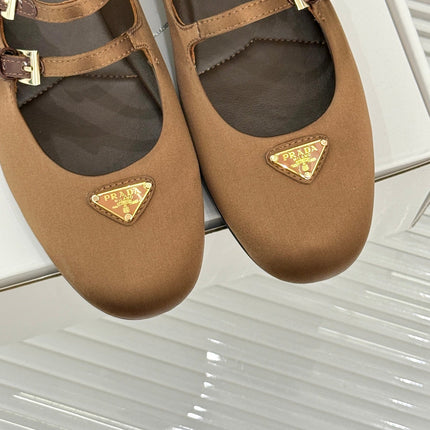 PRADA 25S DOUBLE STRAP BALLERINAS IN DARK BROWN SATIN