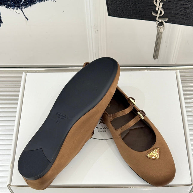 PRADA 25S DOUBLE STRAP BALLERINAS IN DARK BROWN SATIN