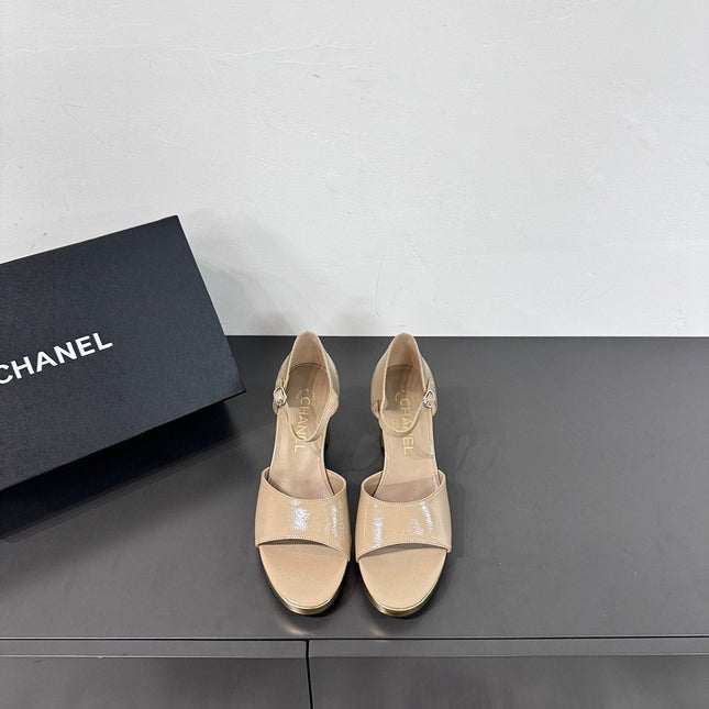 BLOCK HEEL SANDALS BEIGE SHEEPSKIN