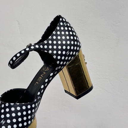 BLOCK HEEL SANDALS BLACK POLKA DOT SHEEPSKIN