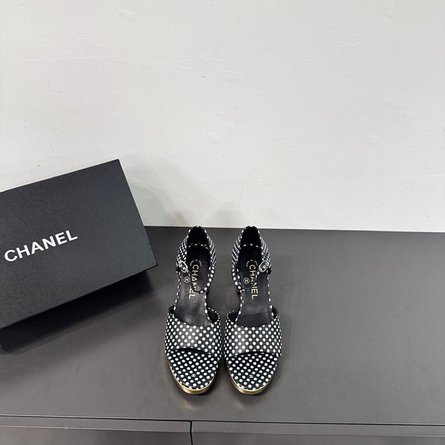 BLOCK HEEL SANDALS BLACK POLKA DOT SHEEPSKIN