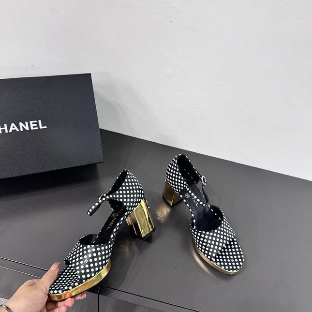 BLOCK HEEL SANDALS BLACK POLKA DOT SHEEPSKIN