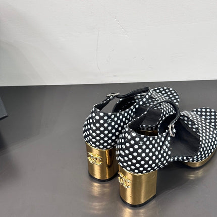 BLOCK HEEL SANDALS BLACK POLKA DOT SHEEPSKIN