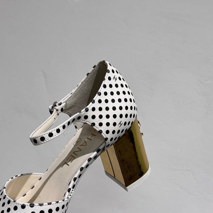 BLOCK HEEL SANDALS WHITE POLKA DOT SHEEPSKIN