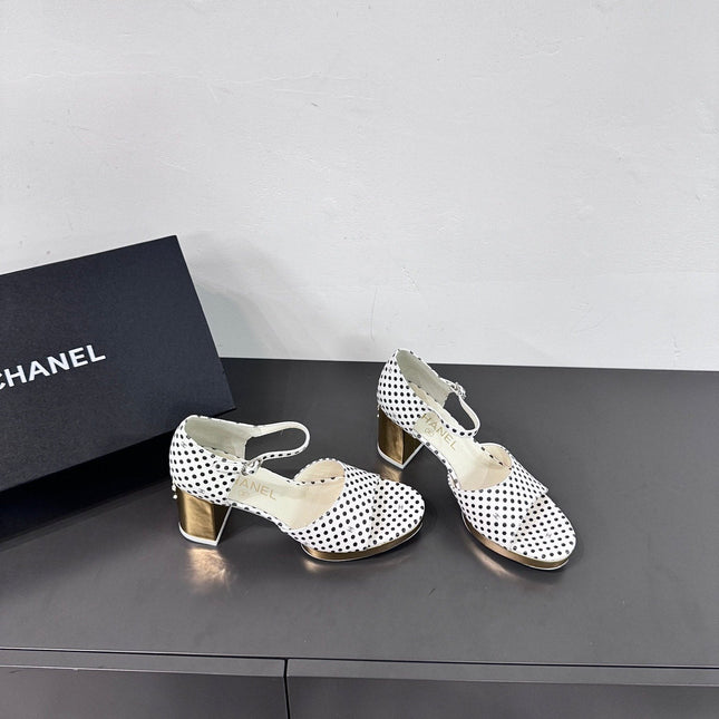 BLOCK HEEL SANDALS WHITE POLKA DOT SHEEPSKIN