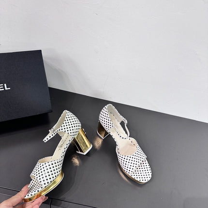BLOCK HEEL SANDALS WHITE POLKA DOT SHEEPSKIN