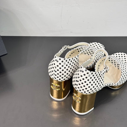 BLOCK HEEL SANDALS WHITE POLKA DOT SHEEPSKIN