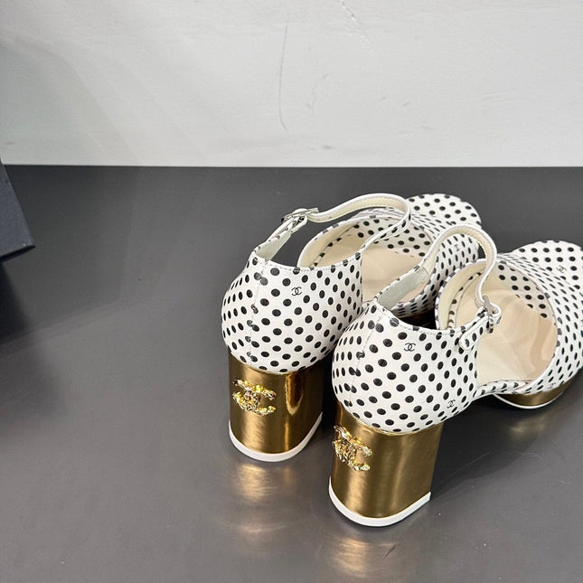 BLOCK HEEL SANDALS WHITE POLKA DOT SHEEPSKIN