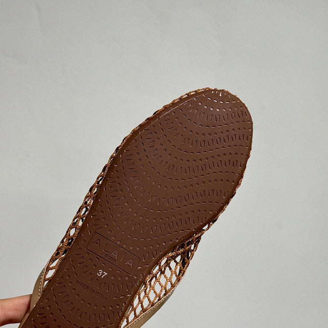 ALAIA FLAT MULES IN COPPER BROWN MESH FISHNET