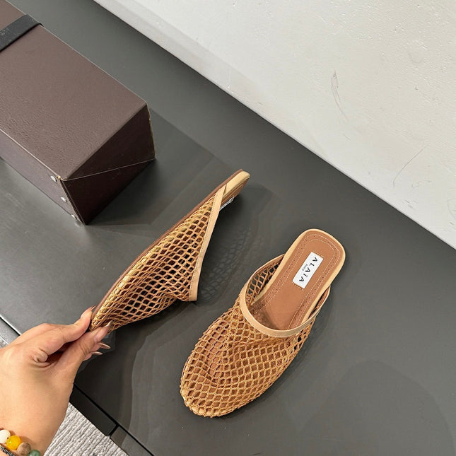 ALAIA FLAT MULES IN COPPER BROWN MESH FISHNET