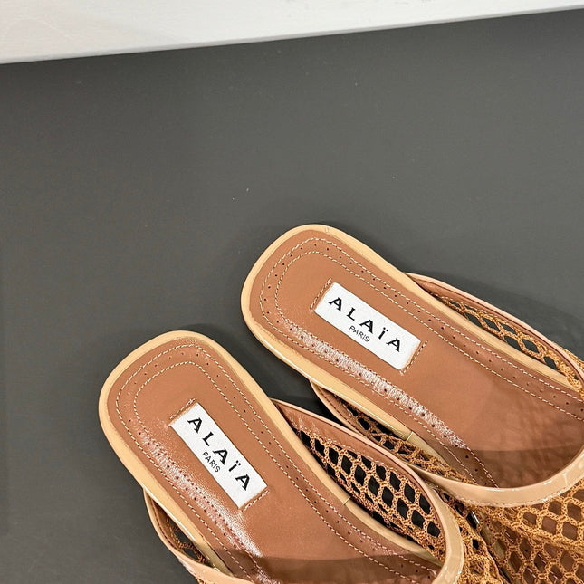 ALAIA FLAT MULES IN COPPER BROWN MESH FISHNET