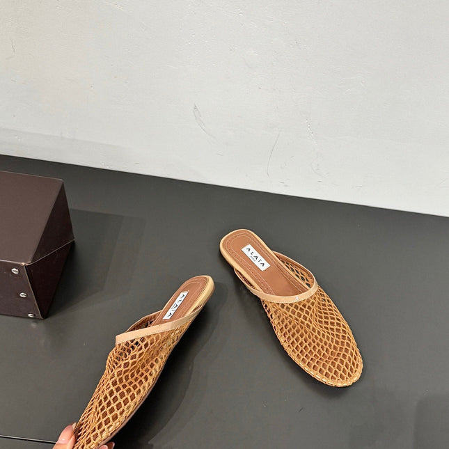 ALAIA FLAT MULES IN COPPER BROWN MESH FISHNET