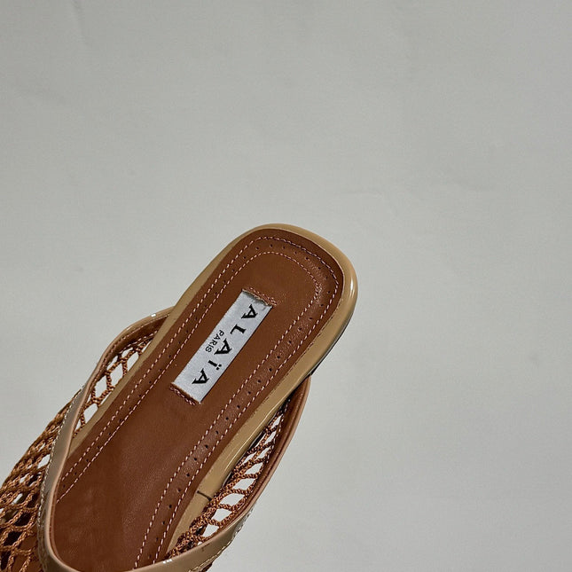 ALAIA FLAT MULES IN COPPER BROWN MESH FISHNET