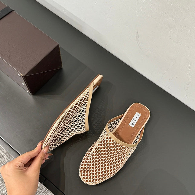 ALAIA FLAT MULES IN BEIGE MESH FISHNET