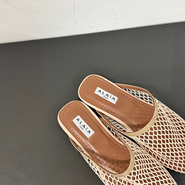 ALAIA FLAT MULES IN BEIGE MESH FISHNET