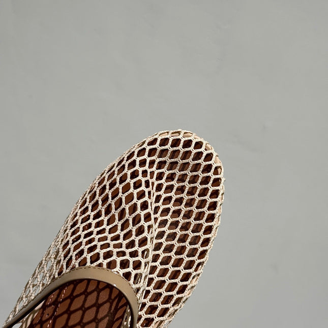 ALAIA FLAT MULES IN BEIGE MESH FISHNET