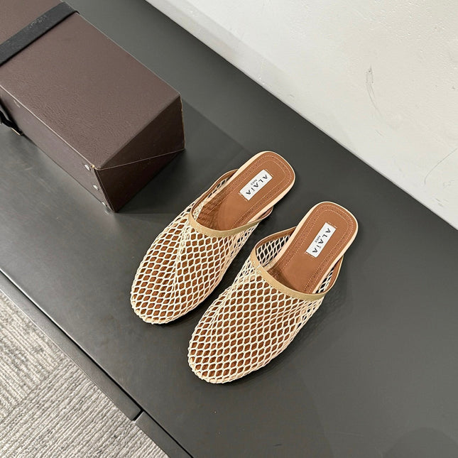 ALAIA FLAT MULES IN BEIGE MESH FISHNET