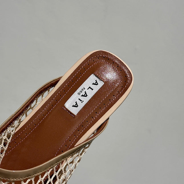 ALAIA FLAT MULES IN BEIGE MESH FISHNET