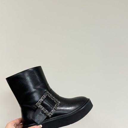 VIV' RANGERS CHELSEA ANKLE BOOTS IN BLACK CALFSKIN WITH BLACK CRYSTAL BUCKLE