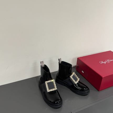 VIV' RANGERS CHELSEA BOOTIES IN GLOSSY BLACK CALFSKIN CRYSTAL BUCKLE
