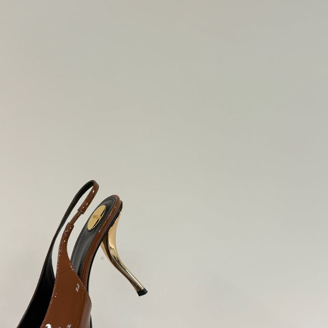 ORANGE GEM-STUDDED SLINGBACK PUMPS IN BRONZE BROWN PATENT CALFSKIN