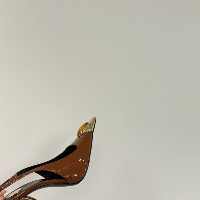 ORANGE GEM-STUDDED SLINGBACK PUMPS IN BRONZE BROWN PATENT CALFSKIN